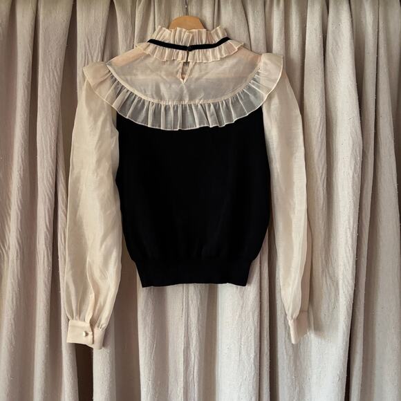 ZARA Ivory Sheer Sleeve Ruffle Collar Blouse Black Victorian Romantic Top Size M - Picture 3 of 7